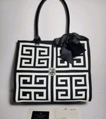 BRIGHTON MY FLAT IN LONDON CORNICHE SQUARE TOTE JEWELED COATED CANVAS & LEATHER 