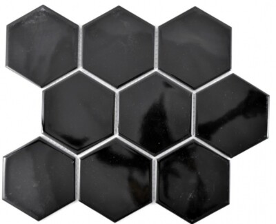 Mosaik Fliese Keramik XL Sechseck Glanz Schwarz Küchenfliese Badfliese Hexagon