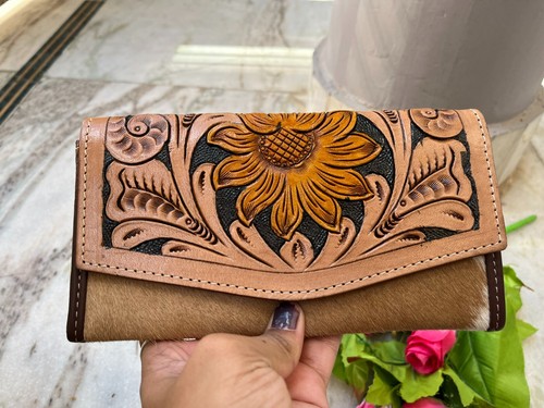 Mujer Real Cuero Mano Fileteado Cartera de Elegante Sol Flor Embrague |
