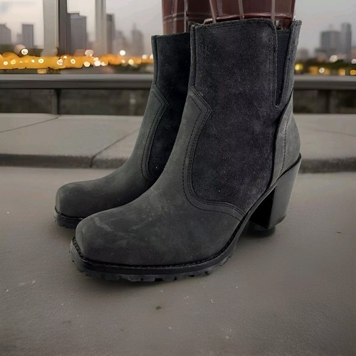 Woolrich Kiva hochhackige Damen-Chelsea-Booties US 8,5 schwarzes Veloursleder Nubukleder kurze Booties