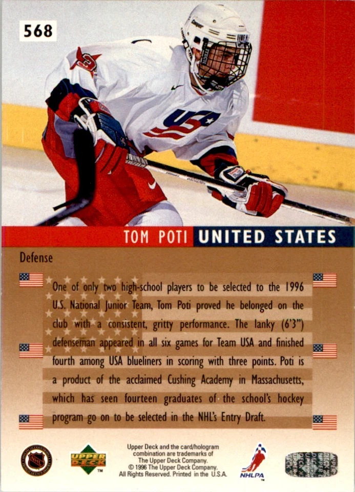 1995-96 Upper Deck Tom Poti RC USA #568 - Image 2 of 2