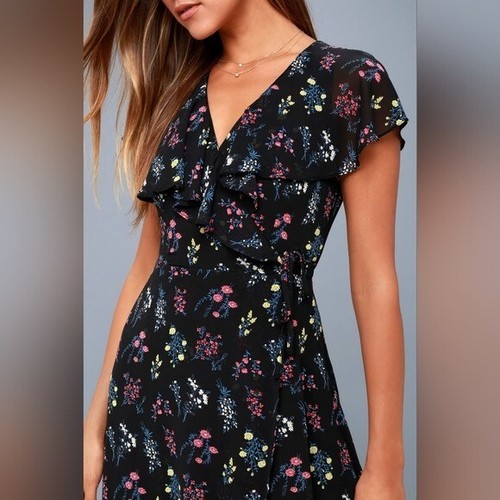 Lulus Act of Love Black Floral Print Midi Wrap Dress Size Medium Floral Flowy M - Picture 3 of 13