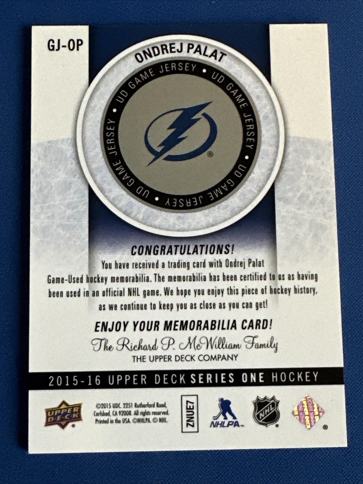 201516 Upper Deck UD Game Jersey GJOP Ondrej Palat Tampa Bay