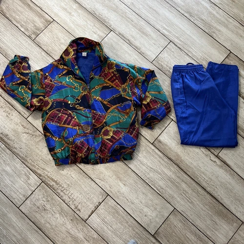 Avon Style Vintage Purple Gold Chain Plaid Print Silk Track Suit Leisure Set M