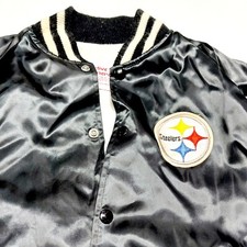 Vtg 90s Pittsburgh Steelers Bomber Jacket Mens M Satin Black Snap Up NFL USA