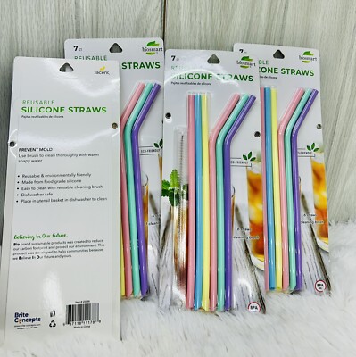 Biosmart 6 Reusable Silicone Straws W/Cleaning Brush; Eco Friendly; NEW! 4 Packs