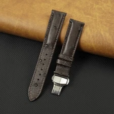 Dark Brown Real Ostrich Leather Watch Band Silver Deployment Clasp Buckle