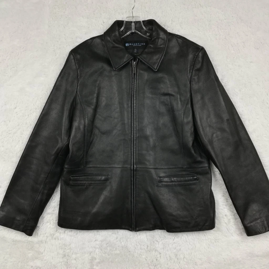 Kenneth Cole Reaction Womens Jacket Leather Black Full Zip Pockets Collar XL