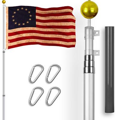 16 Ft Telescoping Flagpole Silver & Betsy Ross Tea-Stained Flag 3x5 Ft Emb 420D