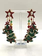 LUNCH AT THE RITZ - Vintage Christmas Tree Farm Enamel Crystal Earrings