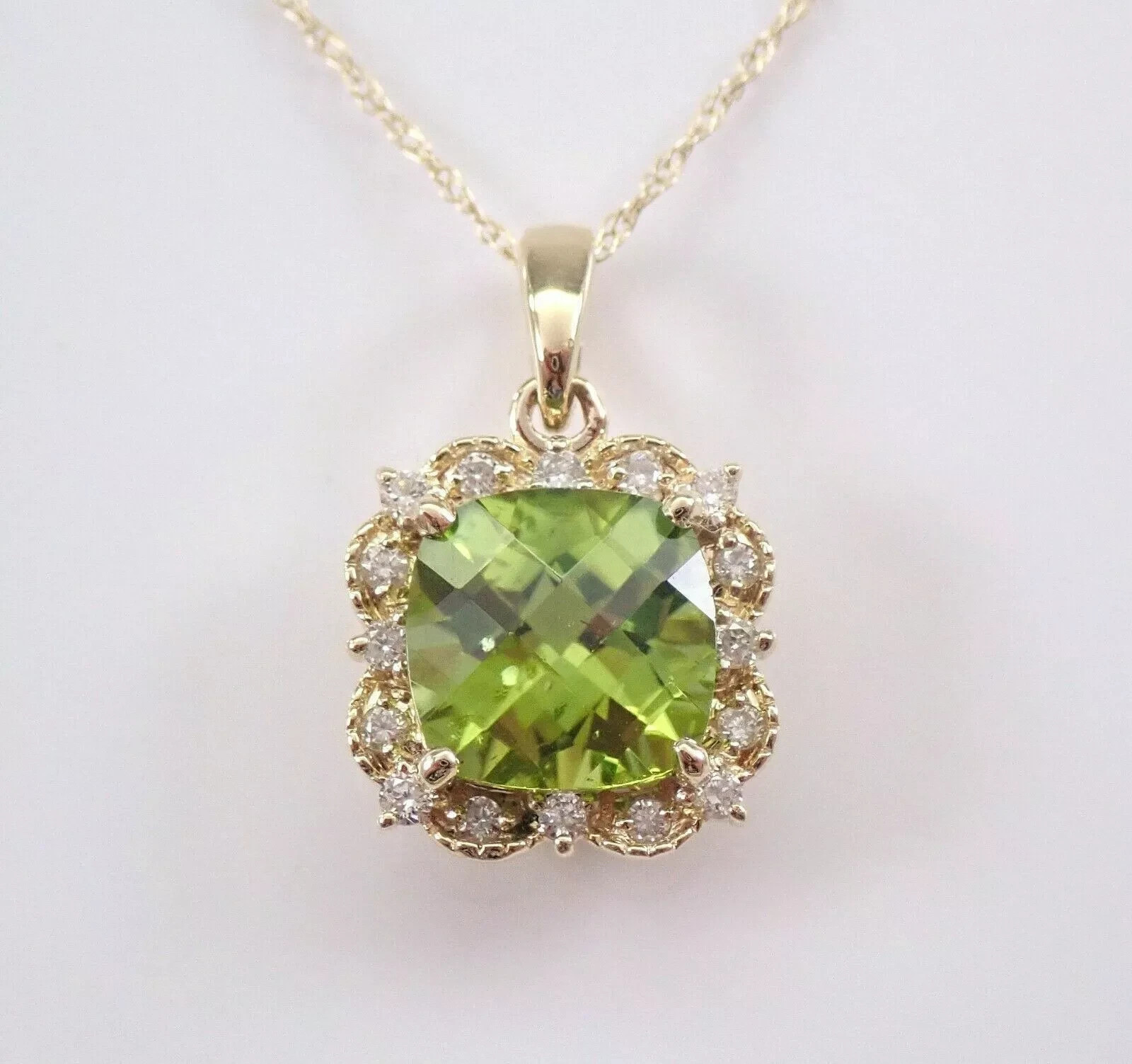 3Ct Cushion Peridot Halo Pendant in 14K Yellow Gold with Free Chain  