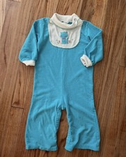 Vintage 70s 80s Carter s Blue Kitty Cat Knit Romper 18 Months One Piece Jumpsuit