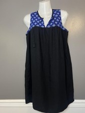 Old Navy Dress Womens Large Black Blue Embroidered Sleeveless Boho Linen Blend