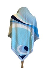 H80 Vintage Light Blue Abstract Stripe Square Scarf Silk Feel Floral Jacquard