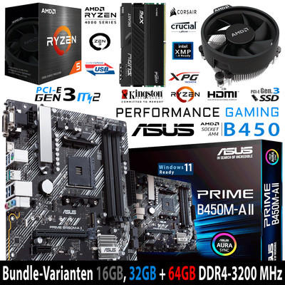 PC Bundle AMD Ryzen 5 5500 Box CPU ASUS Prime B450M-A II mit 16, 32 + 64GB DDR4