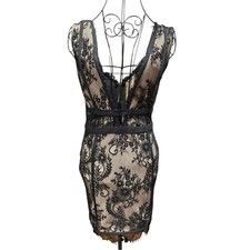 Black Lace Nude Illusion Deep Plunge Sheath Bodycon Dress Medium