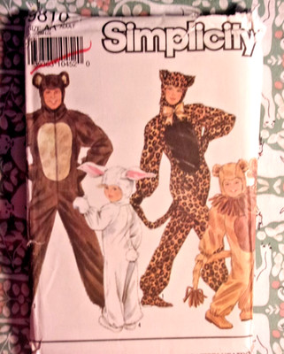 SIMPLICITY KATZE/KANINCHEN/LÖWE/BÄR KOSTÜM SCHNITTMUSTER GRÖSSE S/L ERWACHSENE
