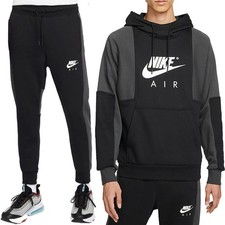 Nike Air Mens Full Tracksuits Set Fleece Contrast Black Sweat Top Hoodie Jogger