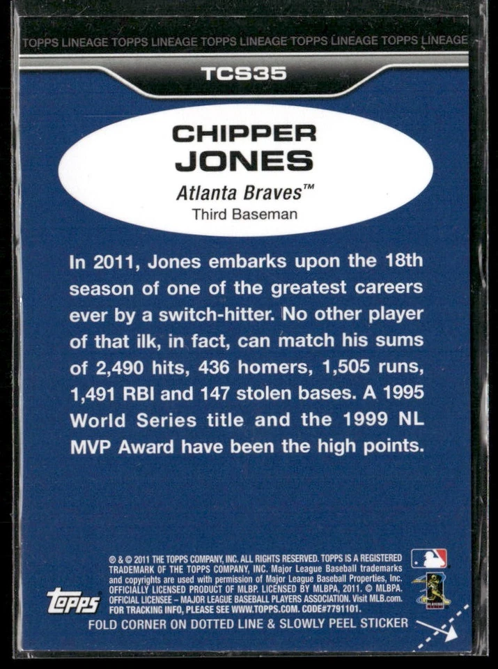 2011 Topps Lineage Chipper Jones Topps Cloth Stickers #TCS35 Atlanta Braves - Image 2 of 2