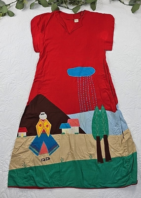 VTG Sibyl's 70's Scene Red Short Sleeve Midi Dress Cotton Farmer Size M