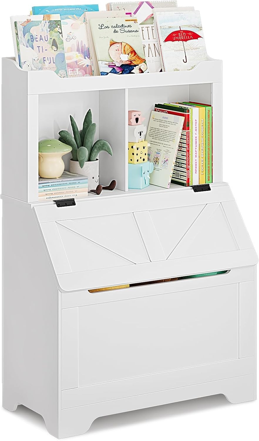Wooden Kids Bookcase and Toy Organizer, Flip-Top Storage Cabinet with Cubbies