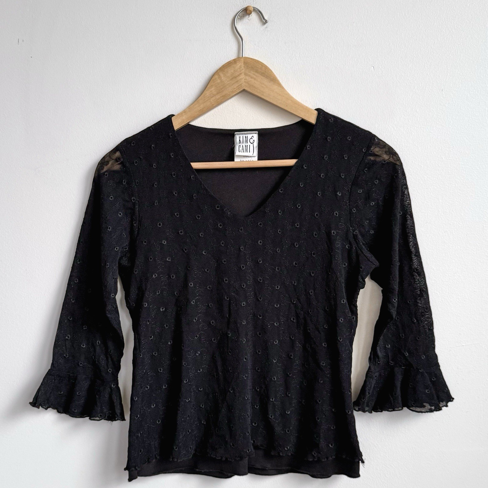 Vintage Y2K Black Mesh Top Sheer Bell Sleeve Whimsigoth Fairy Grunge Goth Small
