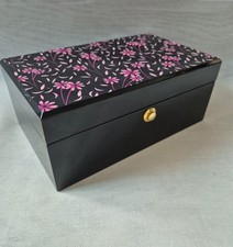 Vintage Black Lacquer Jewellery Box - Pink Floral Design 3 Compartments & Mirror