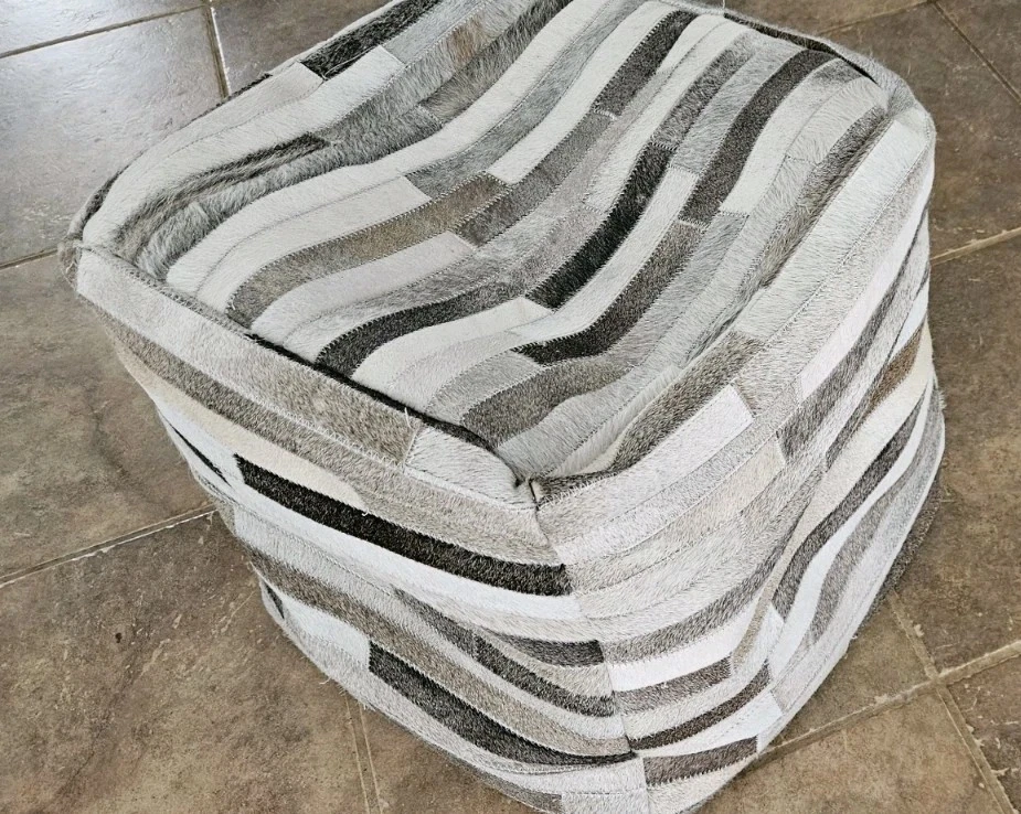 $590 Bashian STRIATIONS Genuine Grey COWHIDE 16" Cube Pouf Ottoman LKNU Cond - Image 2 of 4