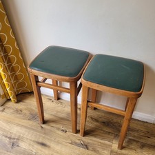 Pair of 1960s Wooden Kitchen Stools – Vintage Utility Seating Green Vinyl Tops