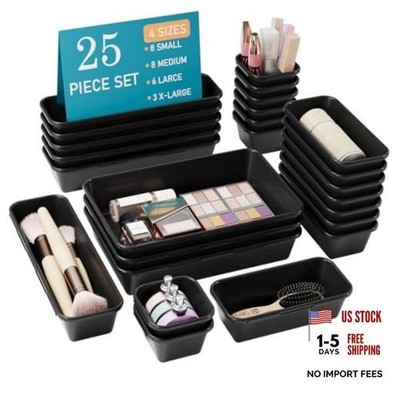 25 PCS Drawer Organizer Set, 4 Size Interlocking Plastic Storage Bins Black