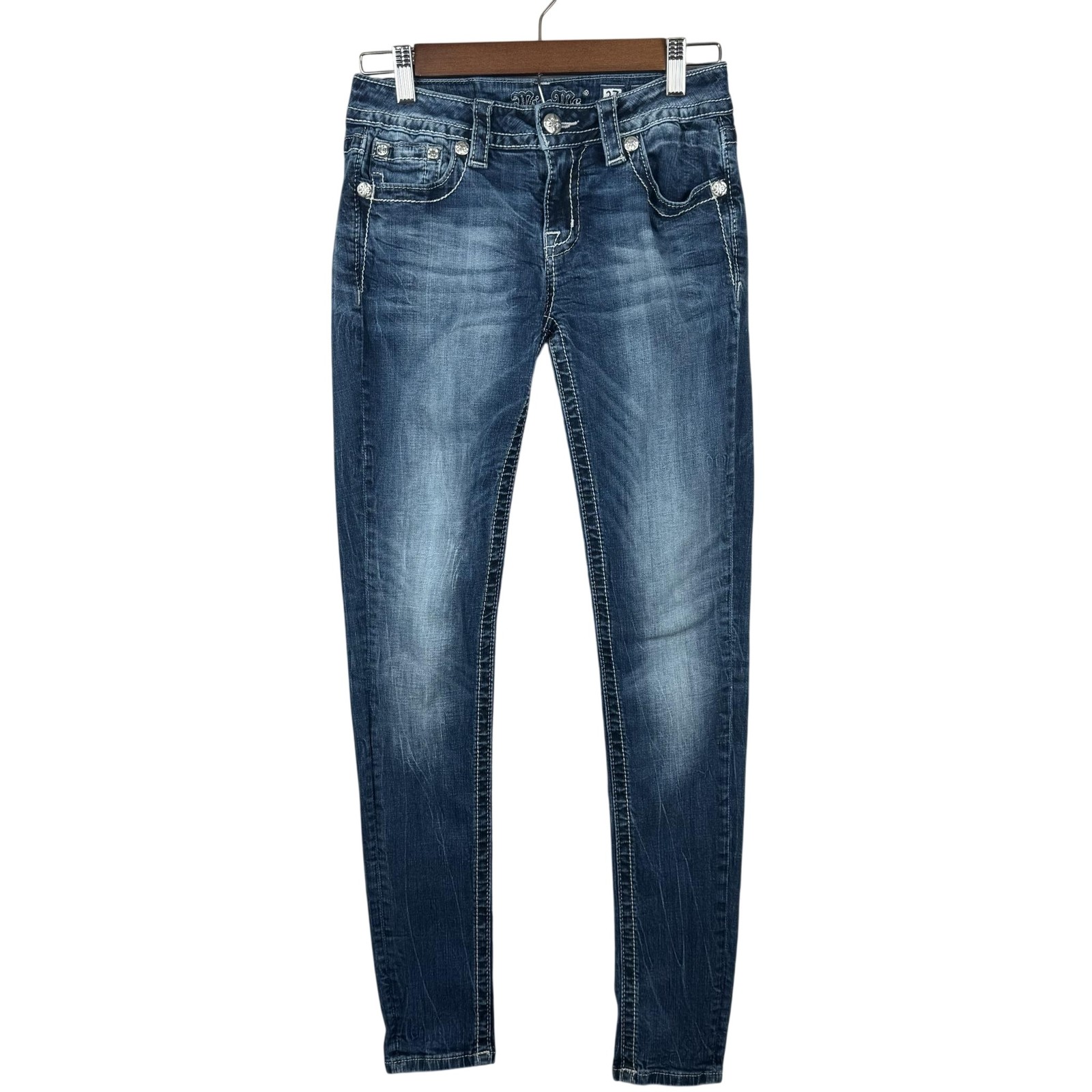Miss Me Jeans Women 27 Blue Low Rise Standard Skinny Distressed Cross Rhinestone