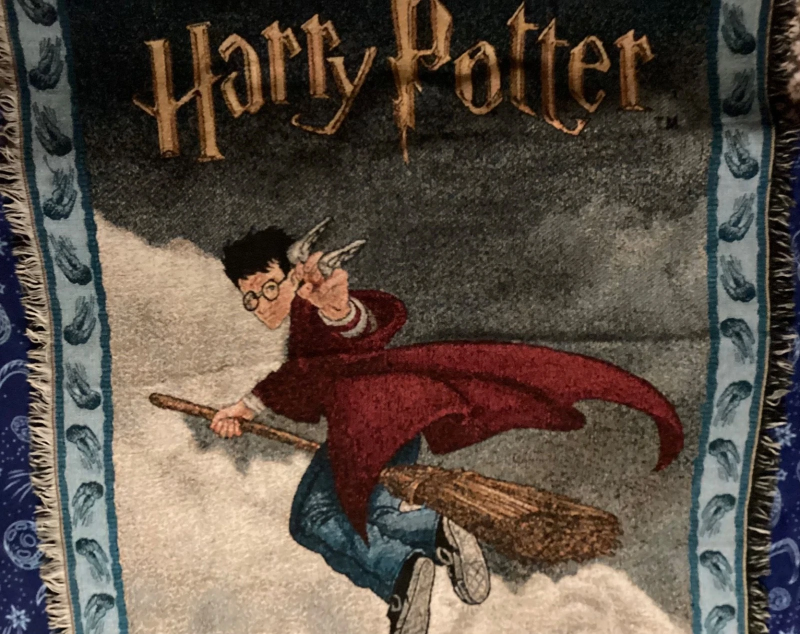 Vintage Harry Potter Throw Blanket Quidditch Hand Woven Fringed Warner Bros 2000