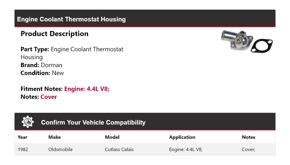 Carcasa termostato refrigerante motor Oldsmobile Cutlass Calais Dorman 1982 Foto 2 de 4