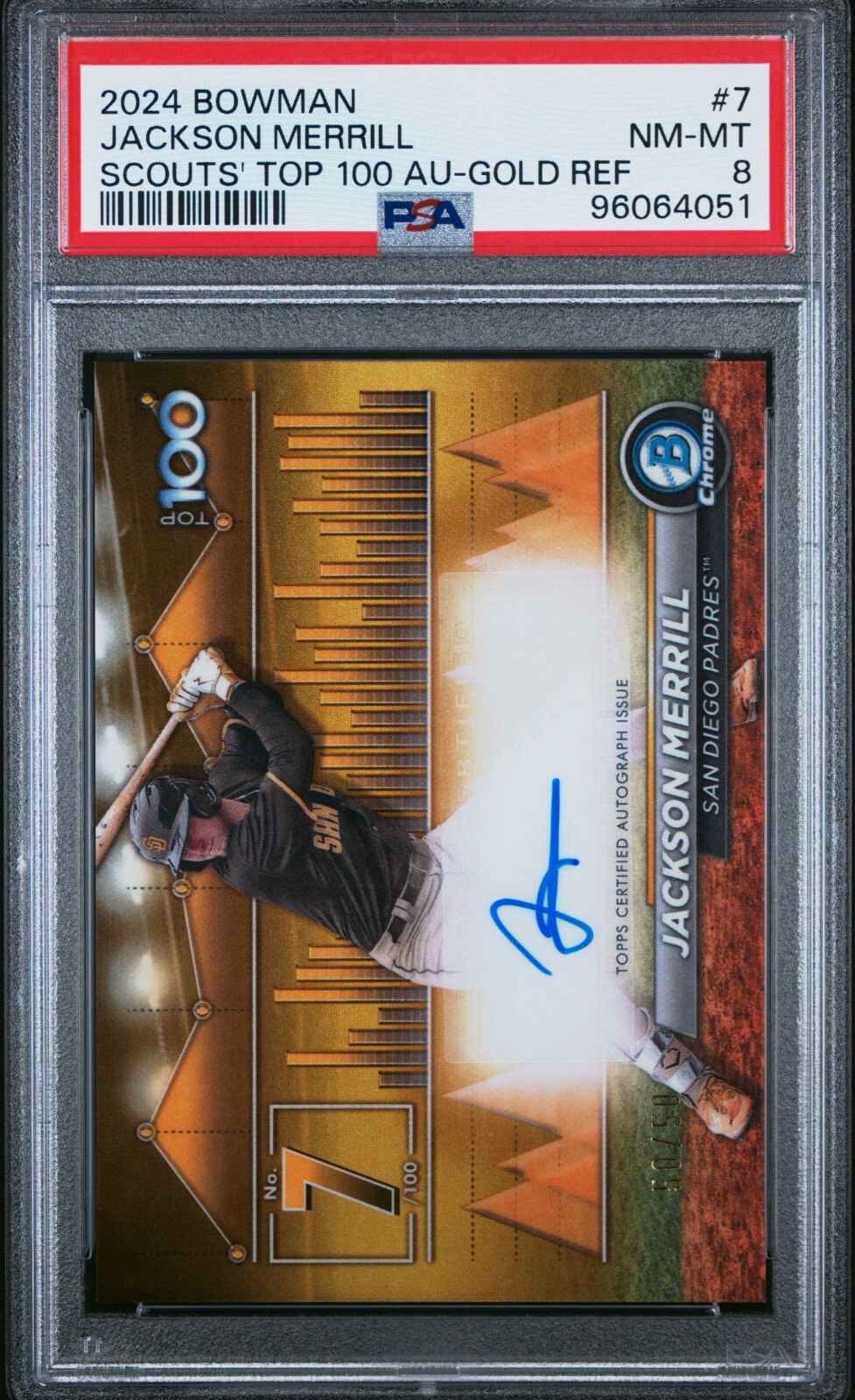 2024 Bowman Chrome Scouts Top 100 Jackson Merrill Gold Refractor Auto /50 PSA 8