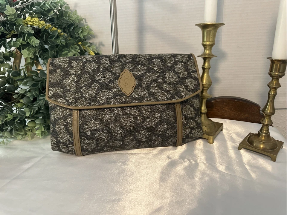 Bolso sin asas de cuero con estampado de jirafa vintage YSL Yves Saint Laurent marrón/gris/bronceado