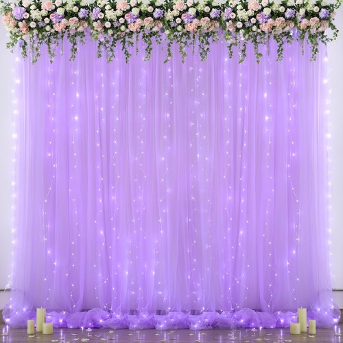4-Panel Sheer Purple Tulle Curtain with Integrated Lights for Weddings & Parties - 第 3/10 張圖片