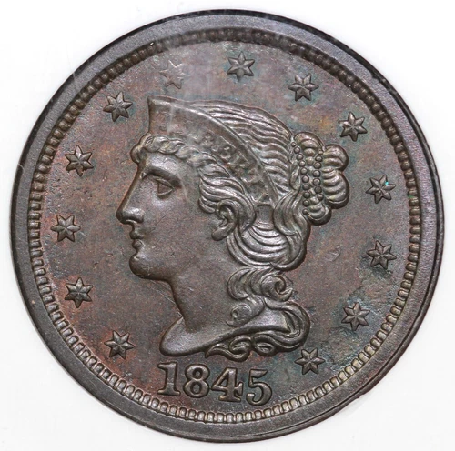 1845 1c N-3 Braided Hair Large Cent NGC MS 63 EX; JULES REIVER
