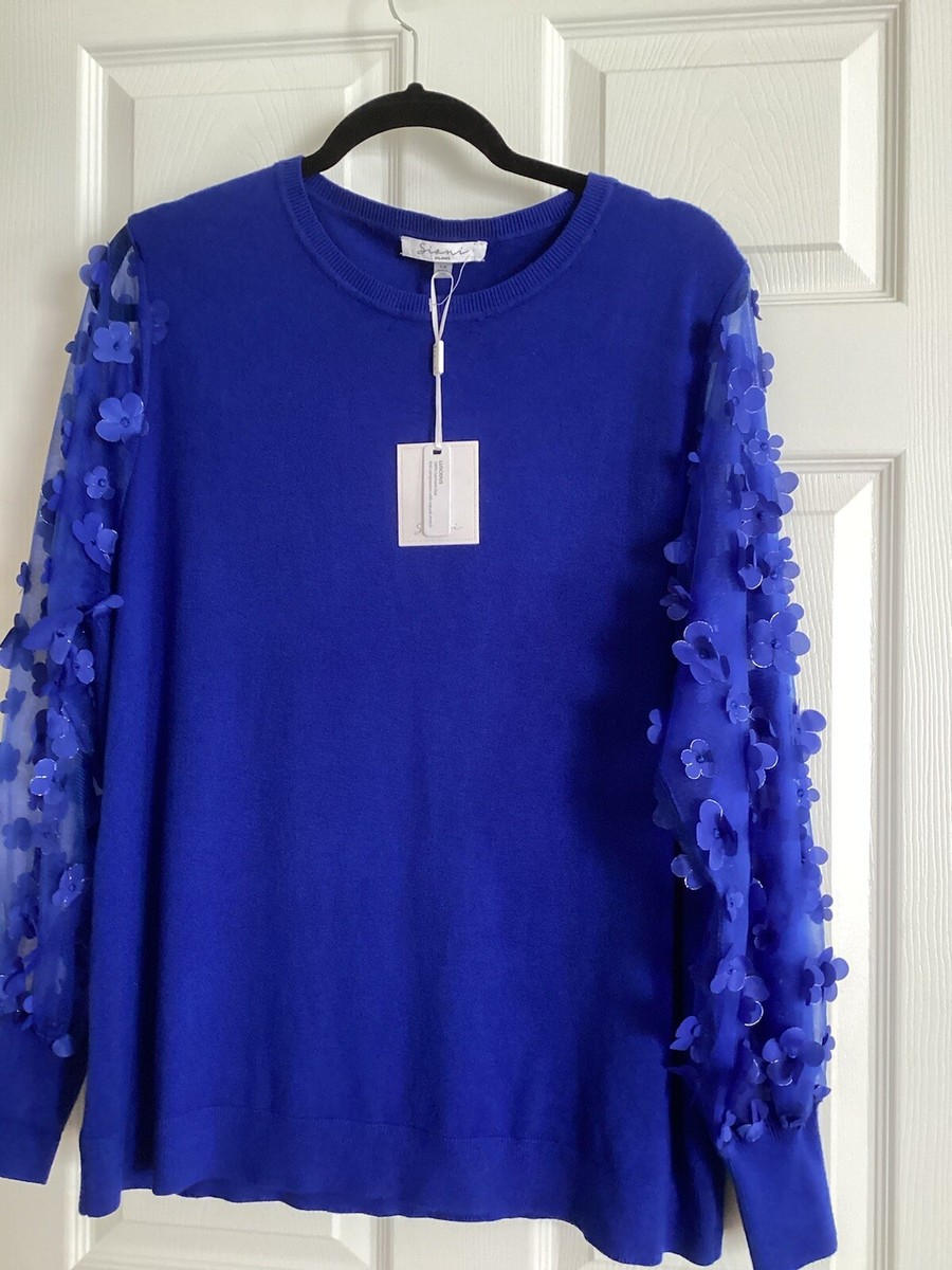 Sioni Milano Sweater Women's Plus Size 1x Sapphire Floral Mesh