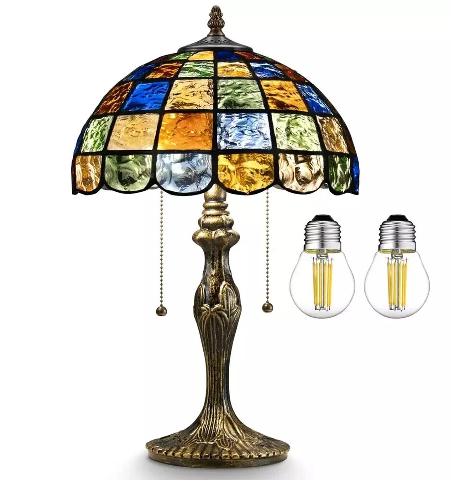 Tiffany Style Table Lamp 2 Bulb Stained Glass Vintage Bedside Reading Light - Image 4 of 4