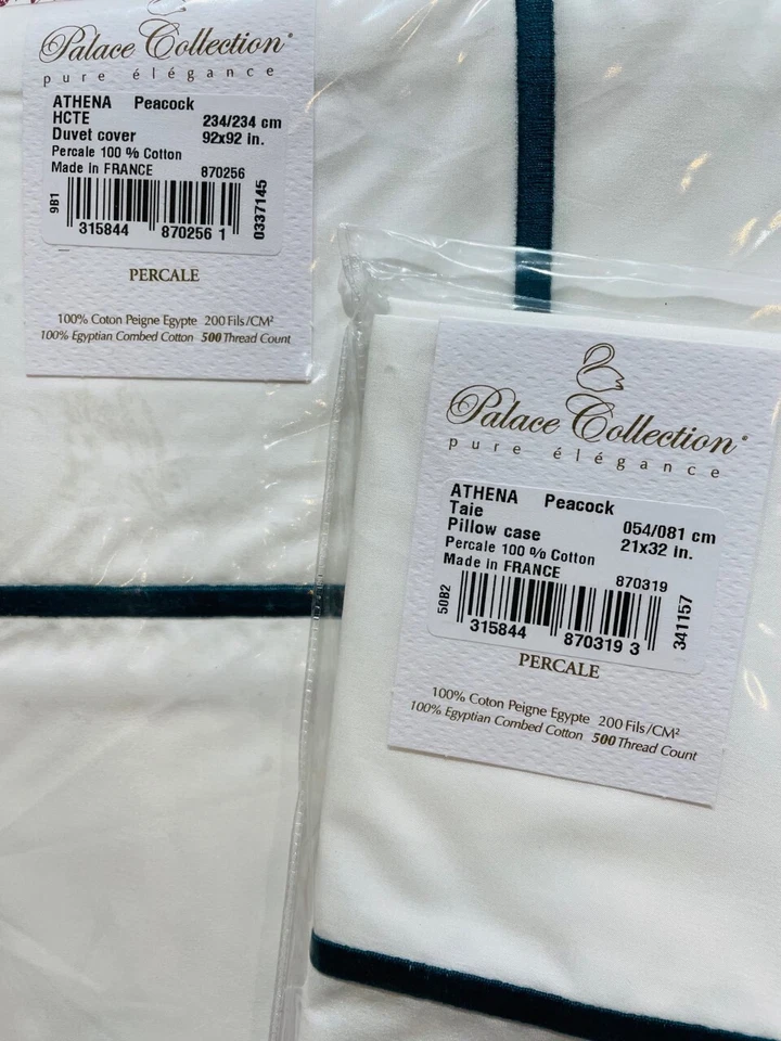 Funda nórdica Yves Delorme tamaño Queen blanca con 1 fila bordado verde pavo real Foto 2 de 3