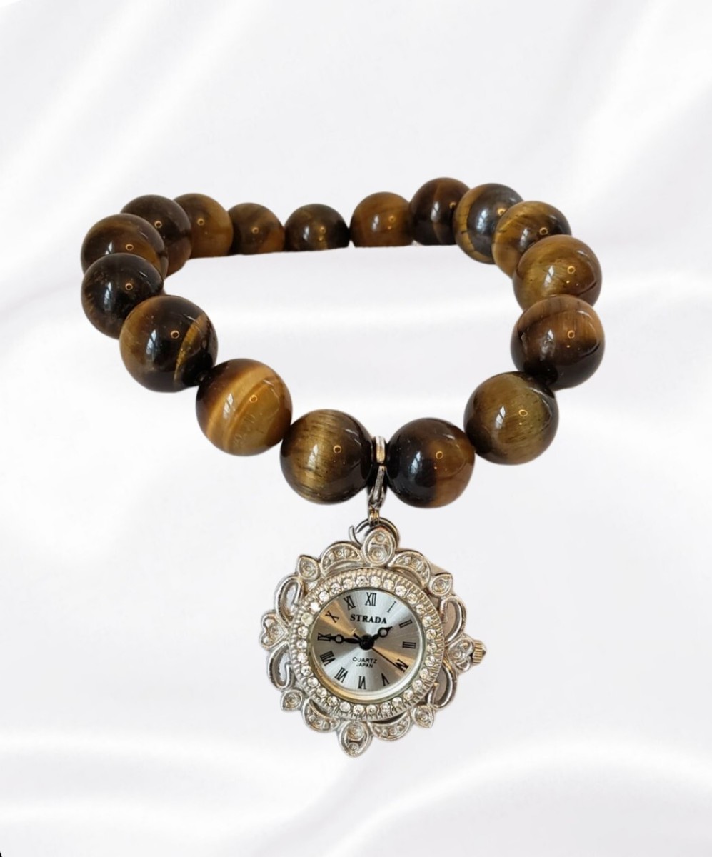 Strada Charm Watch Tiger Eye Gemstone Bead Water Resistant Stretchy  Bracelet