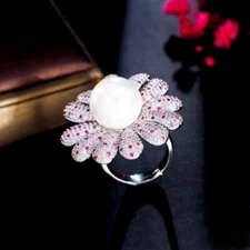 Gorgeous White Gold Plated CZ Flower Chunky Finger Ring Fashion Brand Jewellery