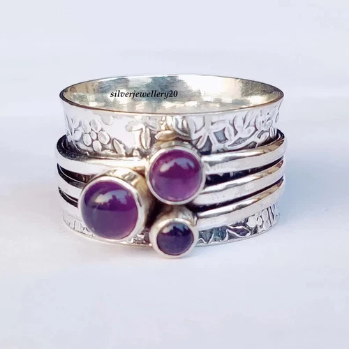 Amethyst Spinner Ring, 925 Silver Ring, Spin Ring, Worry Ring, Three , All size