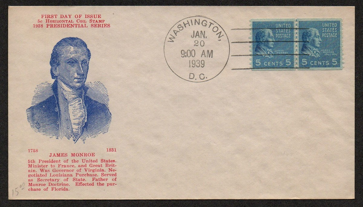 USA, SCOTT # 845, LINE PAIR FDC COVER - PERSIDENT JAMES MONROE