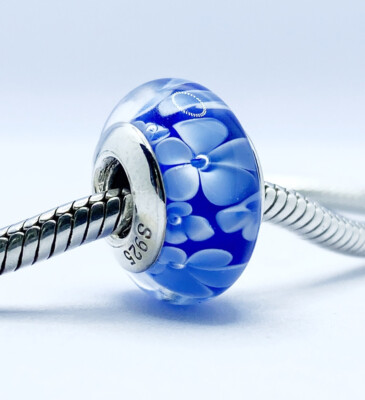 Blaue Blume Murano Glas Charm Bead Echt 925 Sterling Silber  