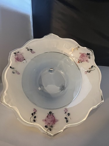 Stunning Vintage Reverse Painted fruit console 3 footed bowl BLue white - Picture 16 of 22
