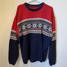 Vintage Fair Isle Apres Ski Sweater Mens Sz XL Red Navy Snowflakes Nordic Cabin