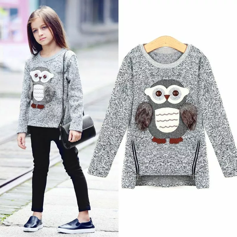 Girls Sweater Fleece Lined Zipper Cartoon Cute Owl Casual Cotton Winter  Clothes