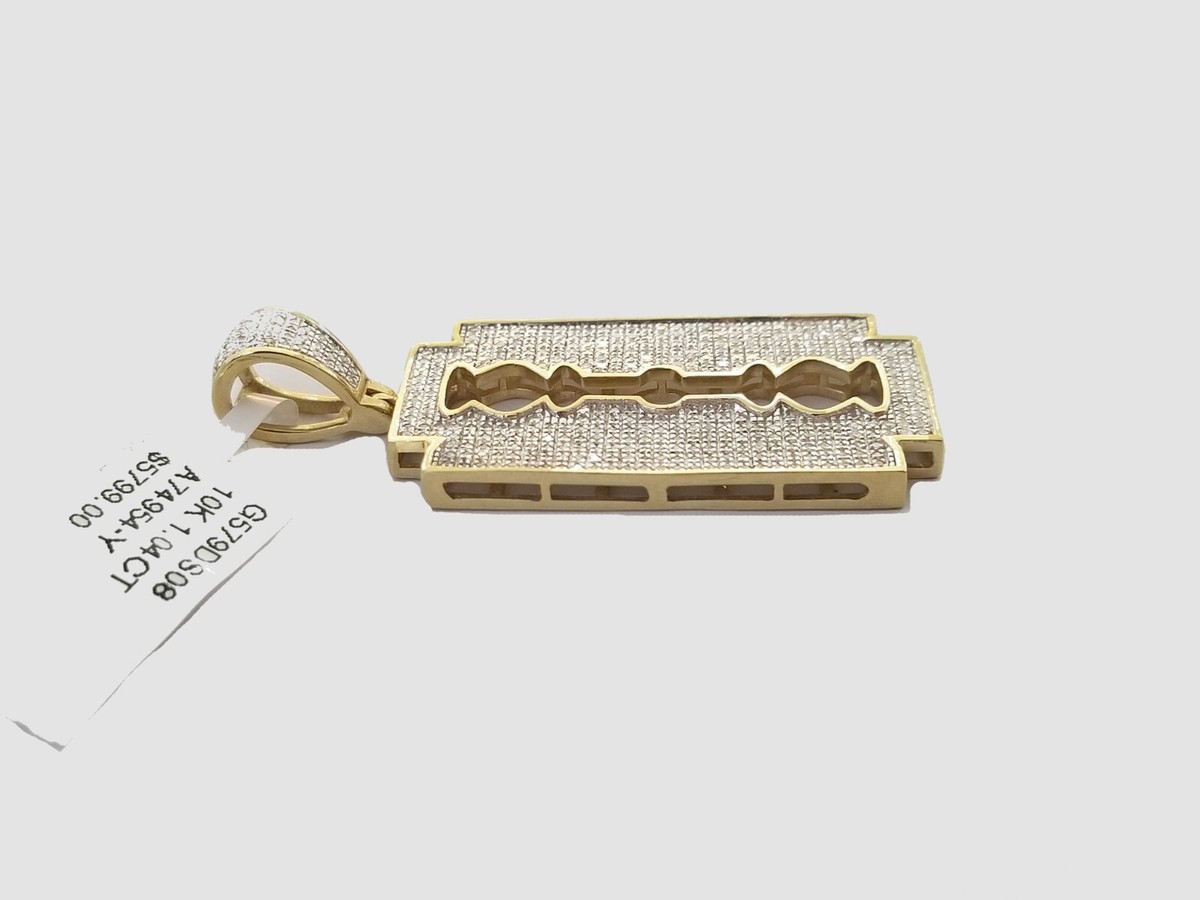 Real 10K Yellow Gold Natural Diamond Razor Blade Pendant Barber