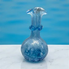 Handblown Blue Art Glass Vase | Ruffled Top, Bubble Design, Vintage Style Decor